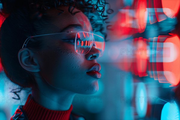 Woman in a cyberpunk inspired setting with colorful neon reflections on glasses, AI generated