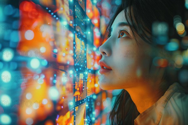A woman amidst neon lights with colorful reflections and bokeh effect, AI generated