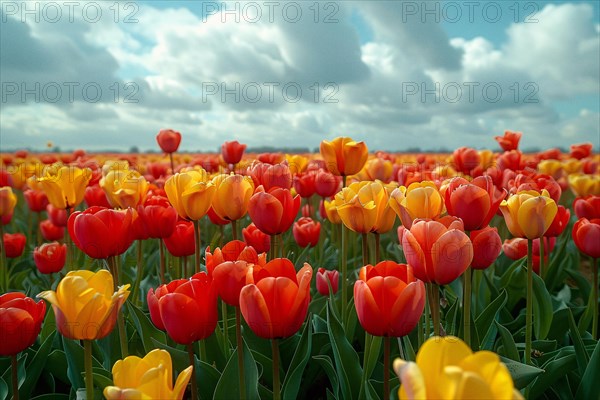 A field of vibrant orange and yellow tulips in full bloom under a cloudy sky, AI generated