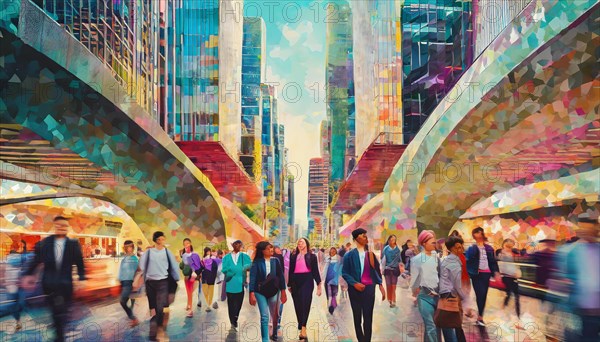 Stylized vibrant representation of busy urban life with abstract skyscrapers and pedestrians, low poly style, AI generated