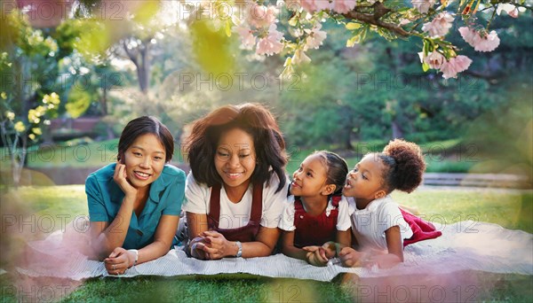 Mother and children lying on a blanket in a park enjoying a picnic, AI generated