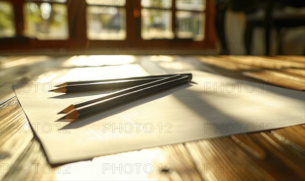 Graphite pencils and white paper scattered on a wooden table AI generated