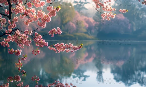 Springtime cherry blossoms in full bloom, cherry blossoms reflected on the calm surface of the lake AI generated