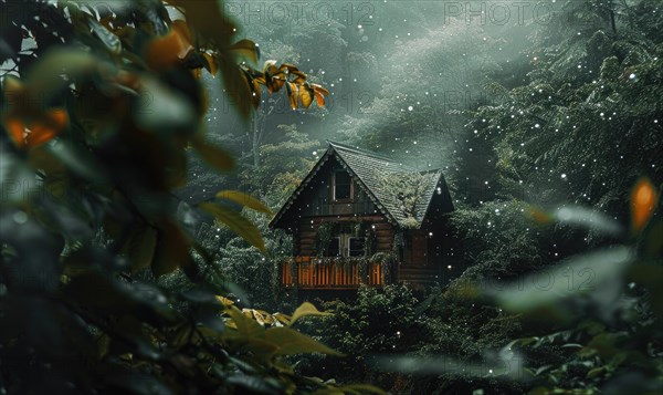 A cozy cabin nestled in a lush forest, surrounded by mist and raindrops glistening on the leaves AI generated