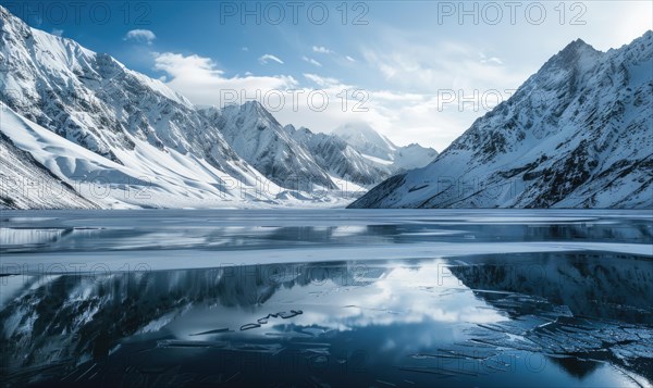 A frozen lake in the depths of winter, surrounded by snow-capped mountains AI generated