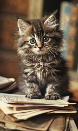 A kitten is sitting on top of a stack of books. The kitten is looking up at the camera with a curious expression. AI generated