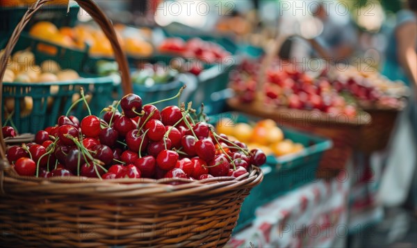 Closeup view of rip cherries selling on city market AI generated