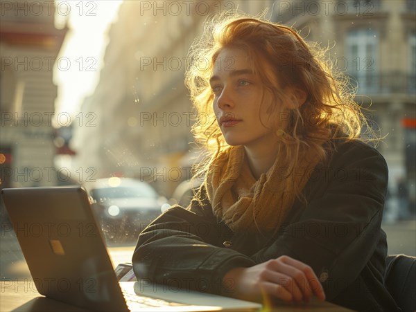 Eine nachdenkliche Frau arbeitet am Laptop in einem Cafe waehrend der goldenen Stunde, Lifestyle in Paris, Frankreich, AI generiert, AI generated