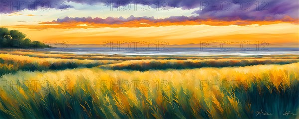 AI generated abstract painting of grasslands under a blazing sunset waves of greens