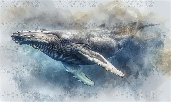 Watercolor illustration of a humpback whale in the ocean AI generated