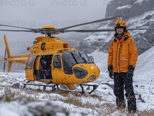 Ein Pilot steht neben einem gelben Rettungshubschrauber in einer winterlichen Berglandschaft, Rettungshubschrauber im Einsatz, AI generiert, AI generated