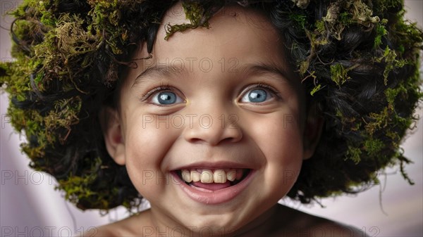 Joyful child with moss growing and thriving, creating a mystical and enchanting effect in his hair, and sparkling brown eyes exuding happiness, earth day concept, AI generated