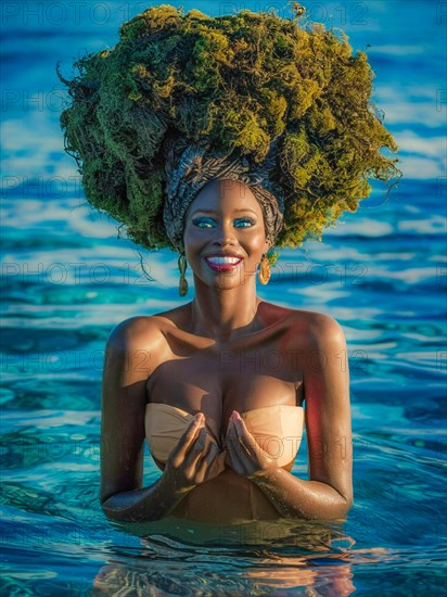 Confident woman in tan swimsuit with moss hair moss growing and thriving, creating a mystical and enchanting effect, standing in the ocean at sunset, earth day concept, AI generated