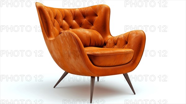Stylish interior featuring a retro orange leather chair with tufted backrest, ai generated, AI generated