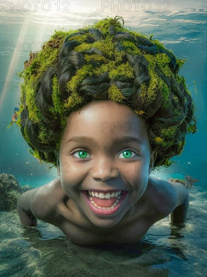 Delighted child underwater with a bright sunlight illuminating the ocean bed behind them, earth day concept, AI generated