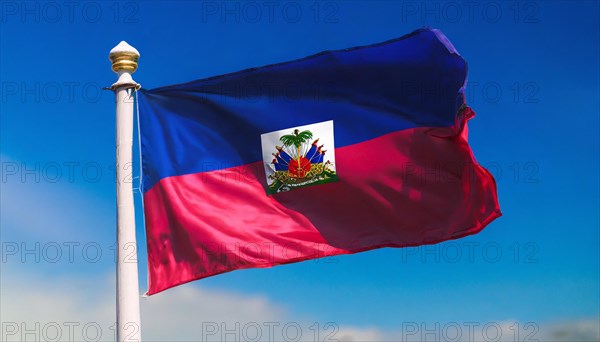 Flags, the national flag of Haiti flutters in the wind