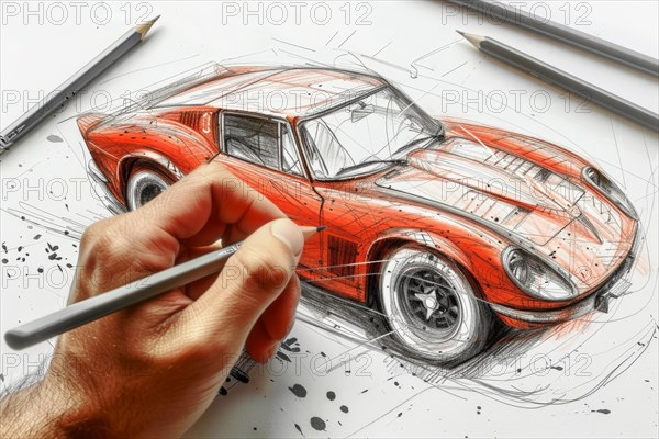 A designer in the field of automotive design, industrial design sketches a sports car from the 1960s by hand with a pencil, AI generated, AI generated, AI generated