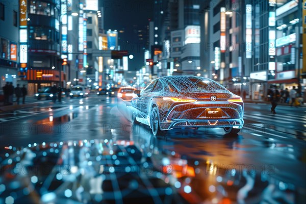 Neon-lit futuristic car driving through a city at night with reflections on wet ground, AI generated