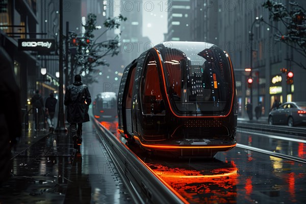 A futuristic tram with red glowing lights travels through a wet urban streetscape at evening, AI generated