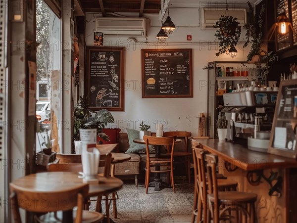 A cozy vintage cafe interior with wooden furniture and warm lighting, coffee shop, Rome, Italy, AI generated, Europe