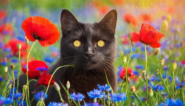 KI generated, animal, animals, mammal, mammals, cat, felidae (Felis catus), lying in a meadow with flowers, cornflowers, poppies