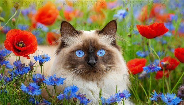 KI generated, animal, animals, mammal, mammals, cat, felidae (Felis catus), a cat lies in a meadow with cornflowers and poppies