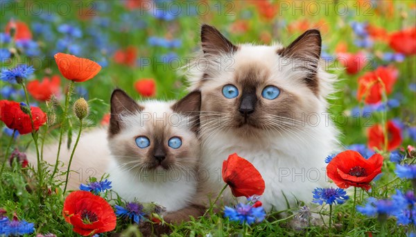 KI generated, animal, animals, mammal, mammals, cat, felidae (Felis catus), a cat and a kitten lying in a meadow with flowers