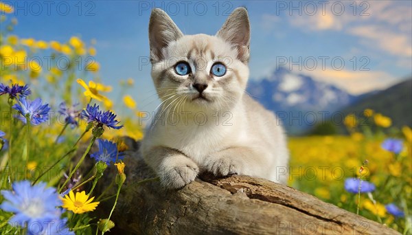 KI generated, animal, animals, mammal, mammals, cat, felidae (Felis catus), a kitten resting in a meadow on a tree trunk