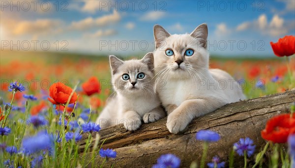 KI generated, animal, animals, mammal, mammals, cat, felidae (Felis catus), a cat and a kitten resting in a meadow with colourful flowers