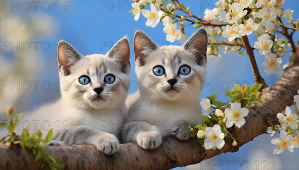 KI generated, animal, animals, mammal, mammals, cat, felidae (Felis catus), two kittens resting in a fruit tree, tree blossom, spring, summer