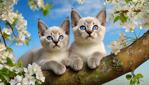 KI generated, animal, animals, mammal, mammals, cat, felidae (Felis catus), two kittens resting in a fruit tree, tree blossom, spring, summer