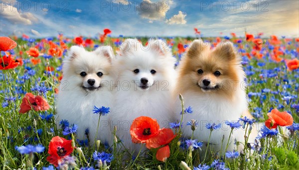 KI generate, animal, animals, mammal, mammals, dwarf spitz, Spitz, (Canis lupus familiaris), dog, dogs, bitch, Pomeranians, a bitch and two puppies sitting in a meadow with poppies and cornflowers