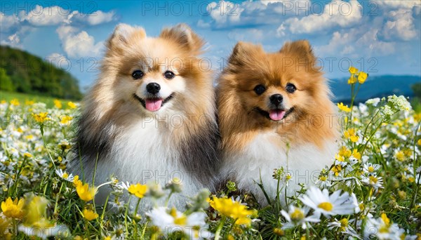 Ai generated, animal, animals, mammal, mammals, a, single animal, dwarf spitz, Spitz, (Canis lupus familiaris), dog, dogs, bitch, Pomeranians, a bitch and a puppy in a flower meadow