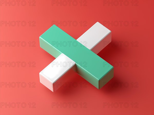 A three-dimensional green and white health cross symbol on a red background, illustration, AI generated