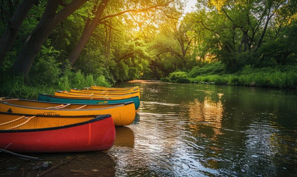 A row of colorful canoes parked beside a sparkling spring river AI generated