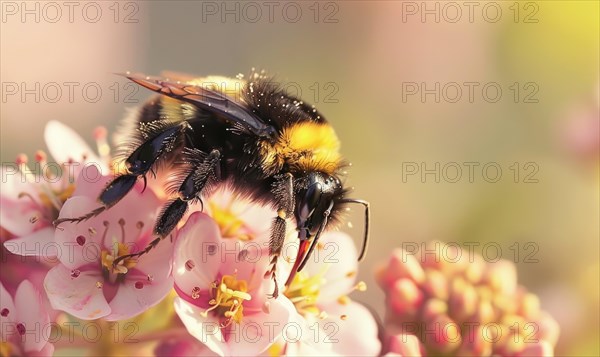 Bumblebee collecting pollen from flowers, closeup view, selective focus AI generated