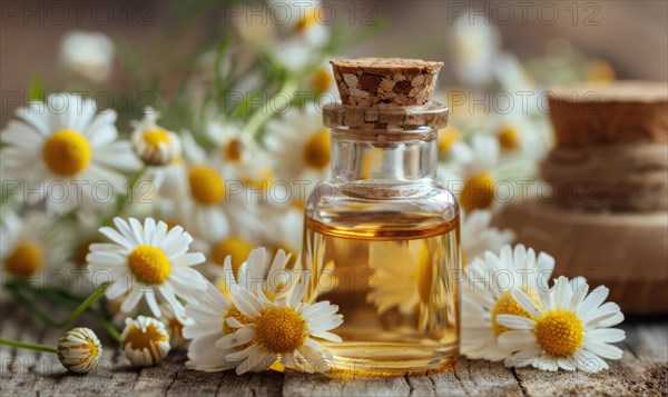 Chamomile essential oil in a dropper bottle, closeup view, skin care cosmetic background AI generated