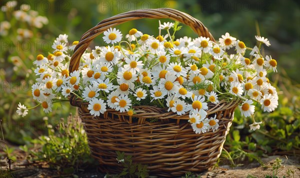 Chamomile flowers in a wicker basket AI generated