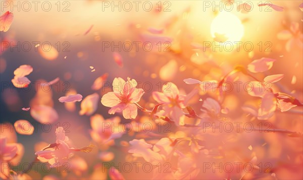 Cherry blossom petals in the breeze, floral background, soft focus, blurred background AI generated