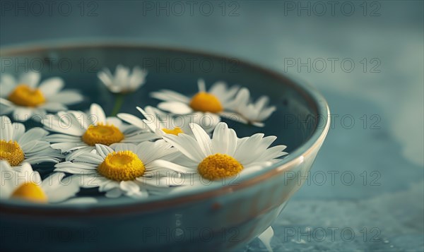 Daisies floating in a bowl of water, close up AI generated