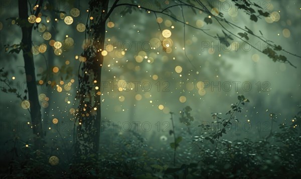 Ethereal bokeh lights diffusing through mist in a mystical woodland, nature background AI generated