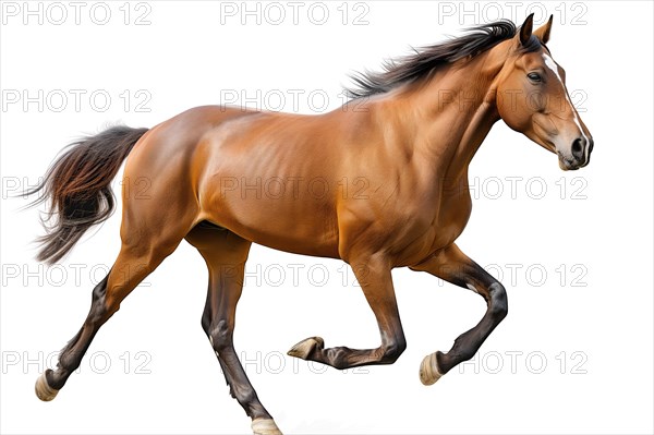 A brown horse captured in mid-gallop, isolated against a white background, AI generated