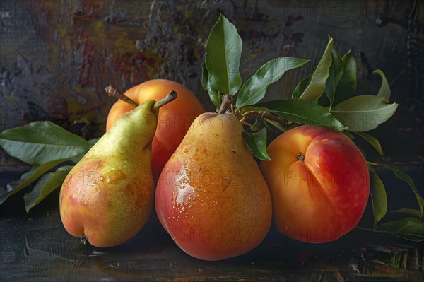 Ripe pears and peaches with green leaves, beautifully arranged on a dark textured surface, AI generated