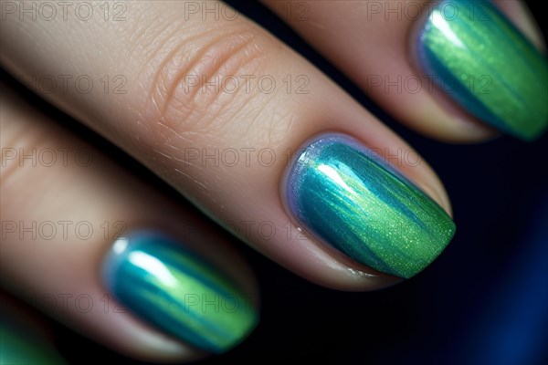 Close up of woman's fingernails with metallic green and blue nail polish. KI generiert, generiert, AI generated