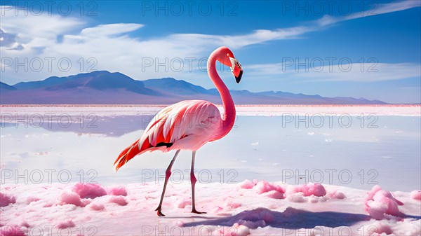 Flamingo portrait against atacama desert salt flats, AI generated