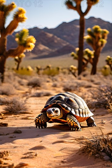 Desert tortoise traversing joshua tree wilderness in the mojave desert, AI generated