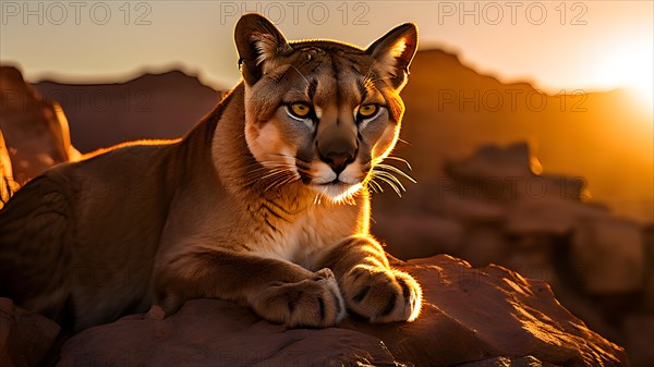 Puma perched atop a rugged rocky outcrop surveilling vast arid expanse of atacama desert, AI generated