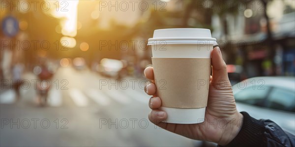 Person's hand holding disposable coffee cup with blurry city in background. KI generiert, generiert, AI generated