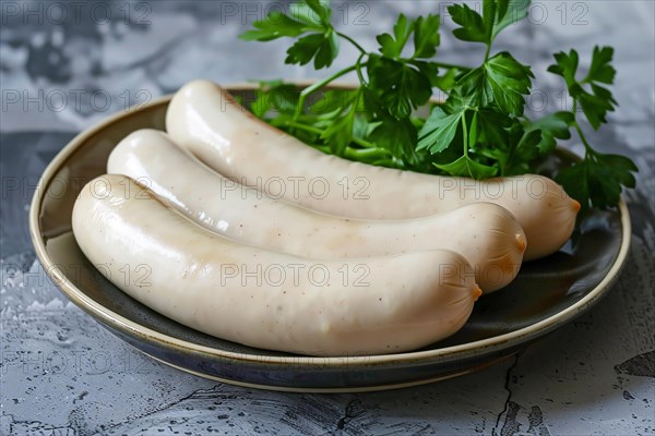 Plate with white 'Weisswurst' sausages, a traditional boiled Bavarian sausage, KI generiert, generiert, AI generated