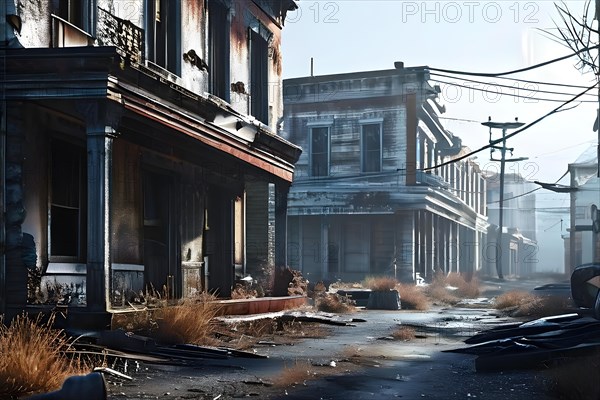 Abandoned building in a ghost town in post apocalyptic silence, AI generated